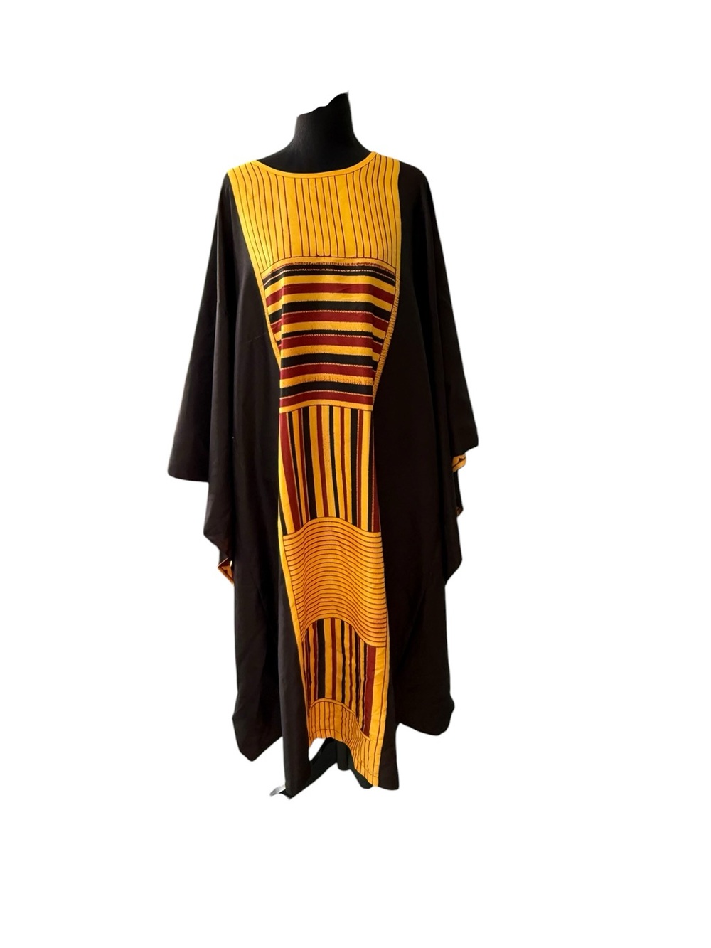 Black & Mustard Stripe Long Sleeve Kaftan Dress